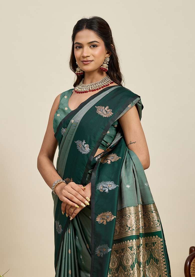 Green Woven Silk Blend Saree Set for Diwali | Wedding & Festive Wear - Indya