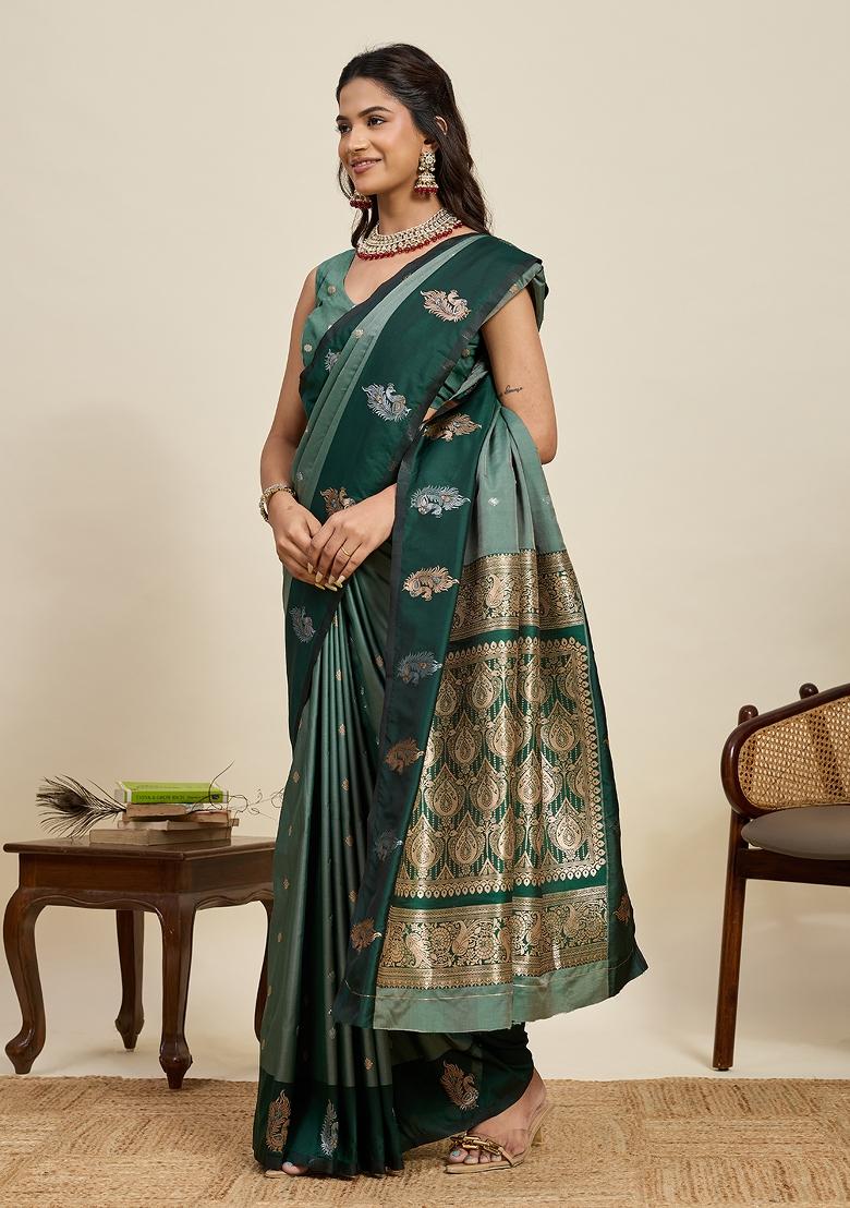 Green Woven Silk Blend Saree Set - Indya