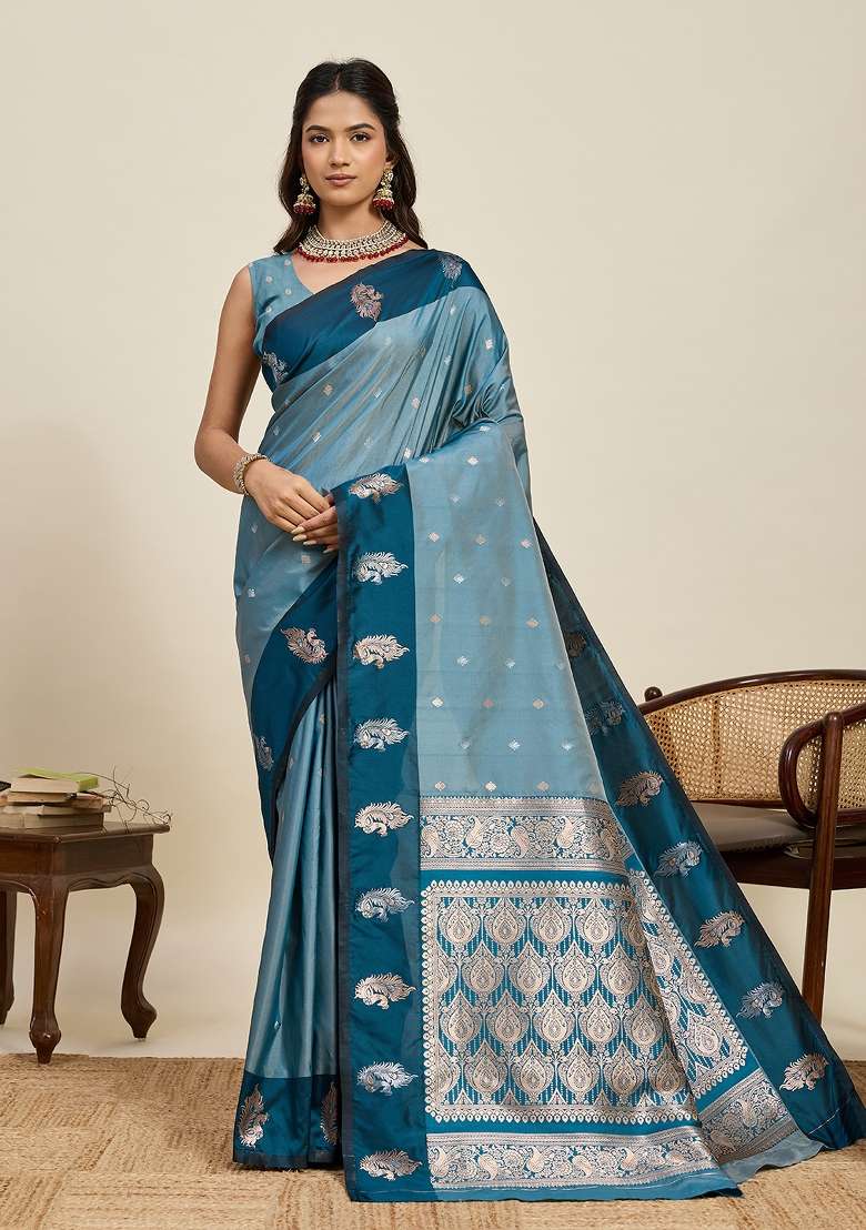 Blue Woven Silk Blend Saree Set for Diwali | Wedding & Festive Wear - Indya