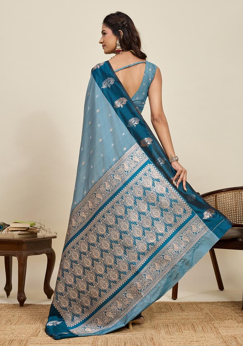 Blue Woven Silk Blend Saree Set - Indya