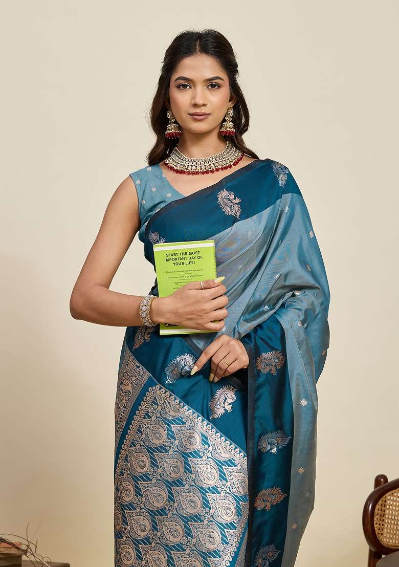 Blue Woven Silk Blend Saree Set for Diwali | Wedding & Festive Wear - Indya