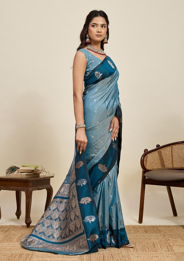 Blue Woven Silk Blend Saree Set - Indya