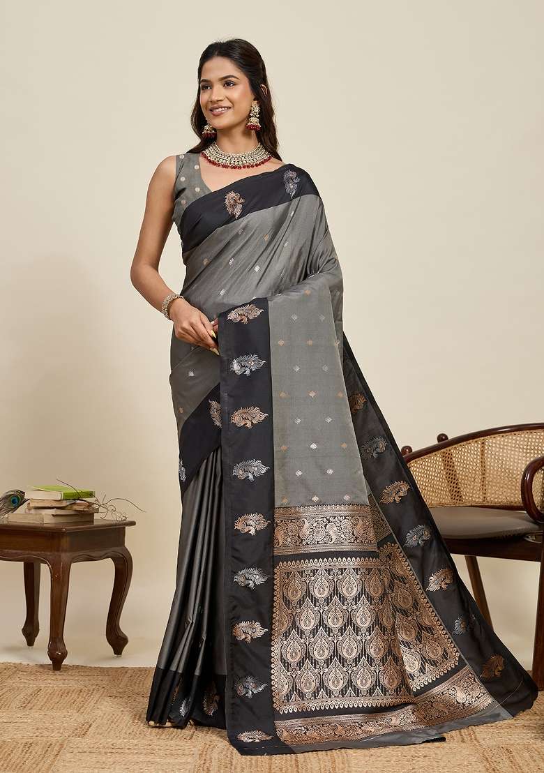 Grey Woven Silk Blend Saree Set for Diwali and Festive Wear - Indya
