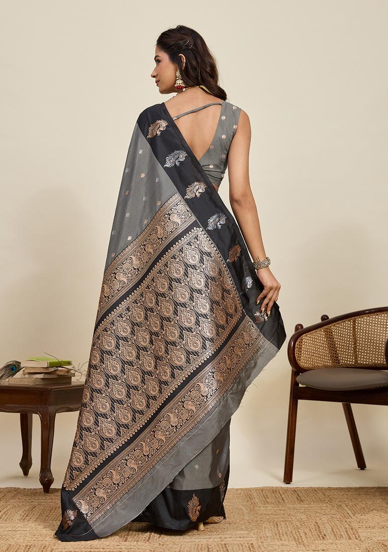 Grey Woven Silk Blend Saree Set - Indya