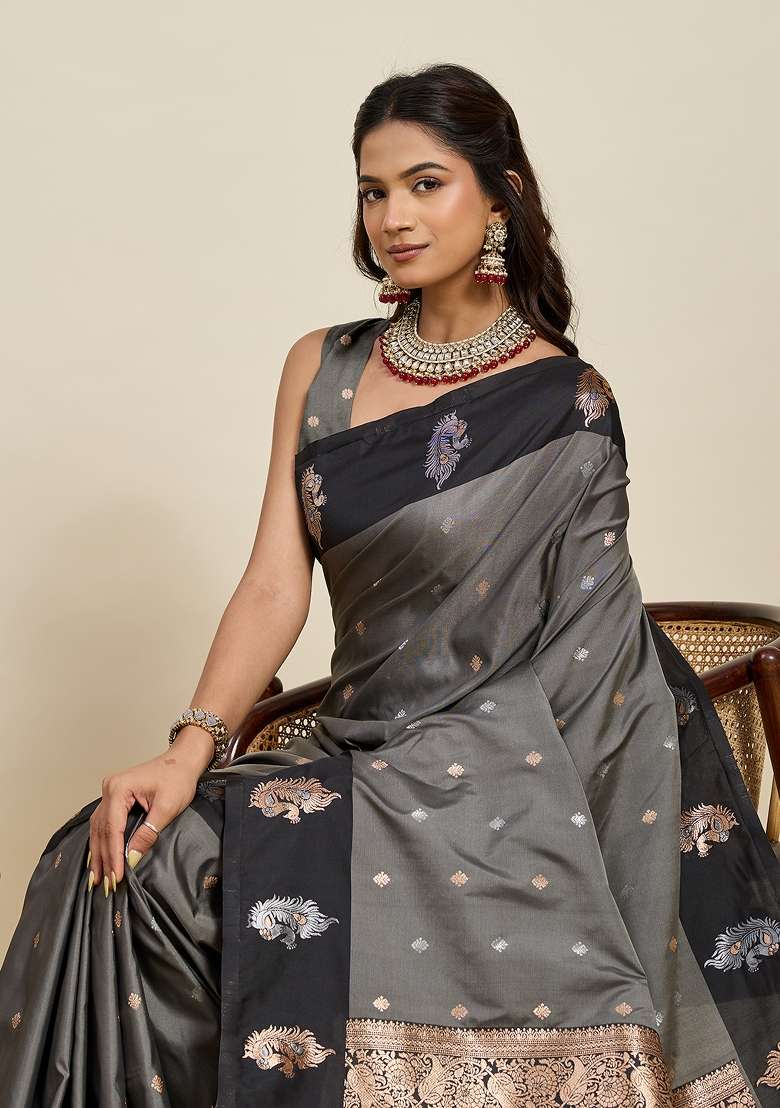Grey Woven Silk Blend Saree Set for Diwali and Festive Wear - Indya