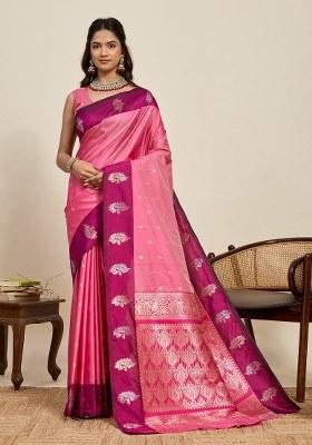 Pink Woven Silk Blend Saree Set