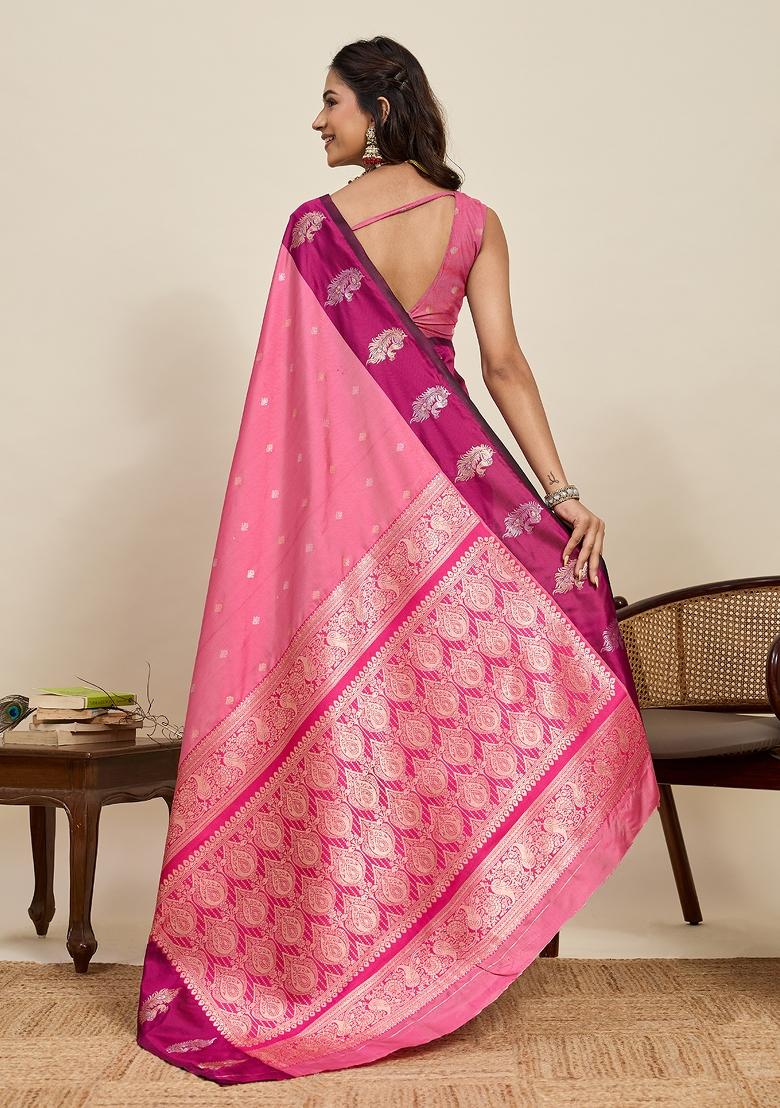 Pink Woven Silk Blend Saree Set - Indya