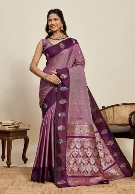 Purple Woven Silk Blend Saree Set