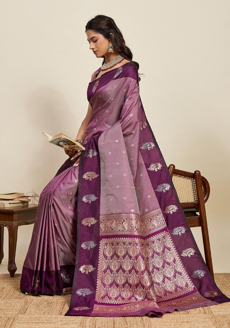 Purple Woven Silk Blend Saree Set - Indya