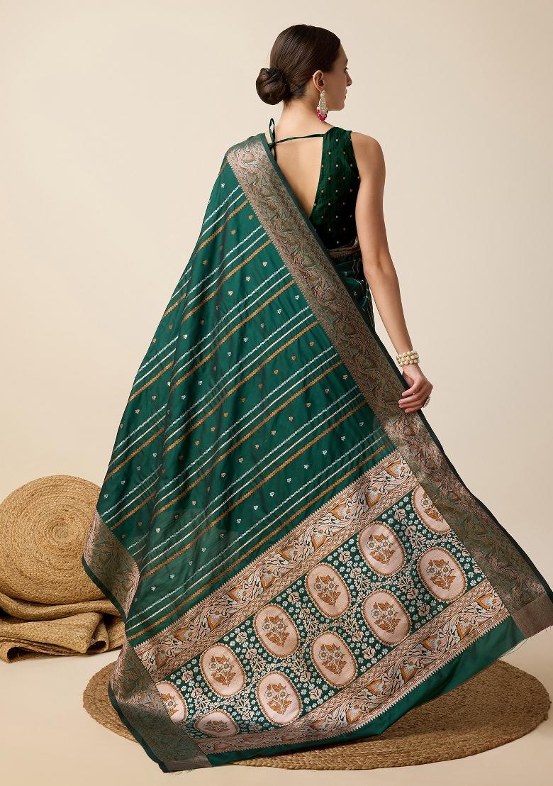 Green Woven Silk Blend Saree Set - Indya
