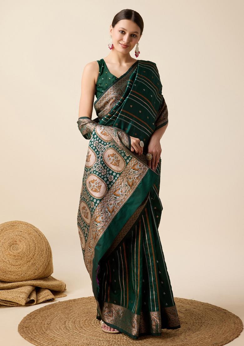 Green Woven Silk Blend Saree Set - Indya