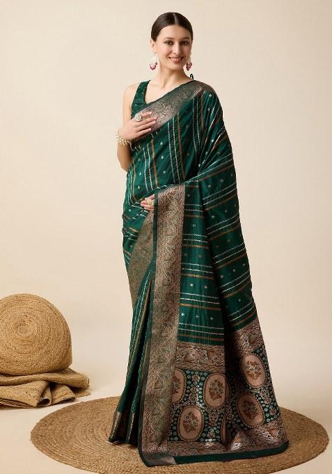 Green Woven Silk Blend Saree Set