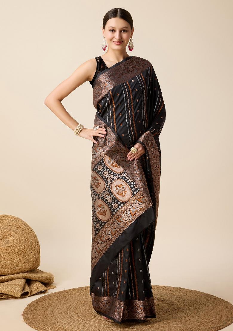 Black Woven Silk Blend Saree Set - Indya
