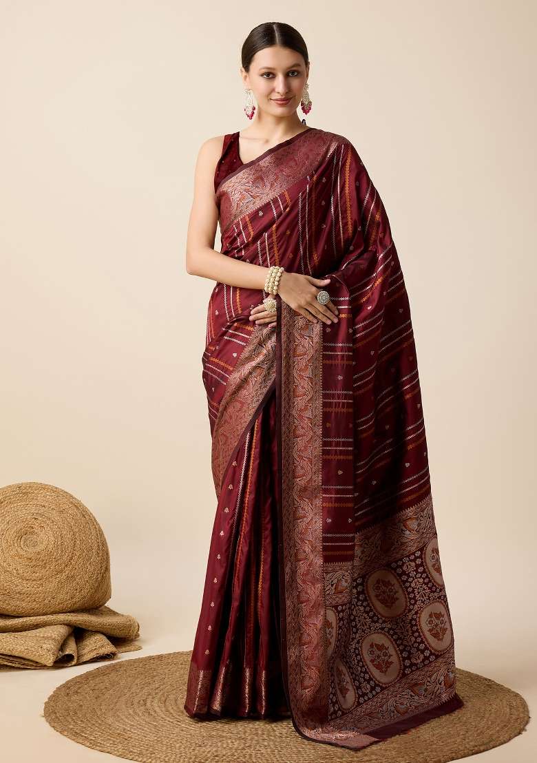 Maroon Woven Silk Blend Saree Set for Diwali and Festive Wear - Indya