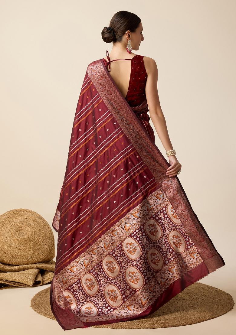 Maroon Woven Silk Blend Saree Set - Indya