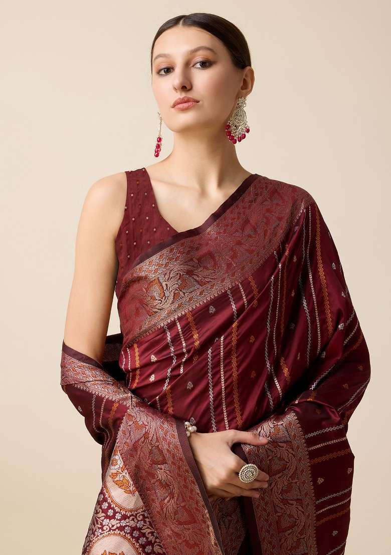 Maroon Woven Silk Blend Saree Set for Diwali and Festive Wear - Indya