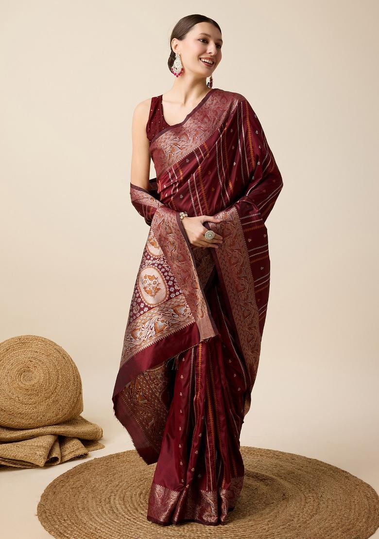 Maroon Woven Silk Blend Saree Set - Indya