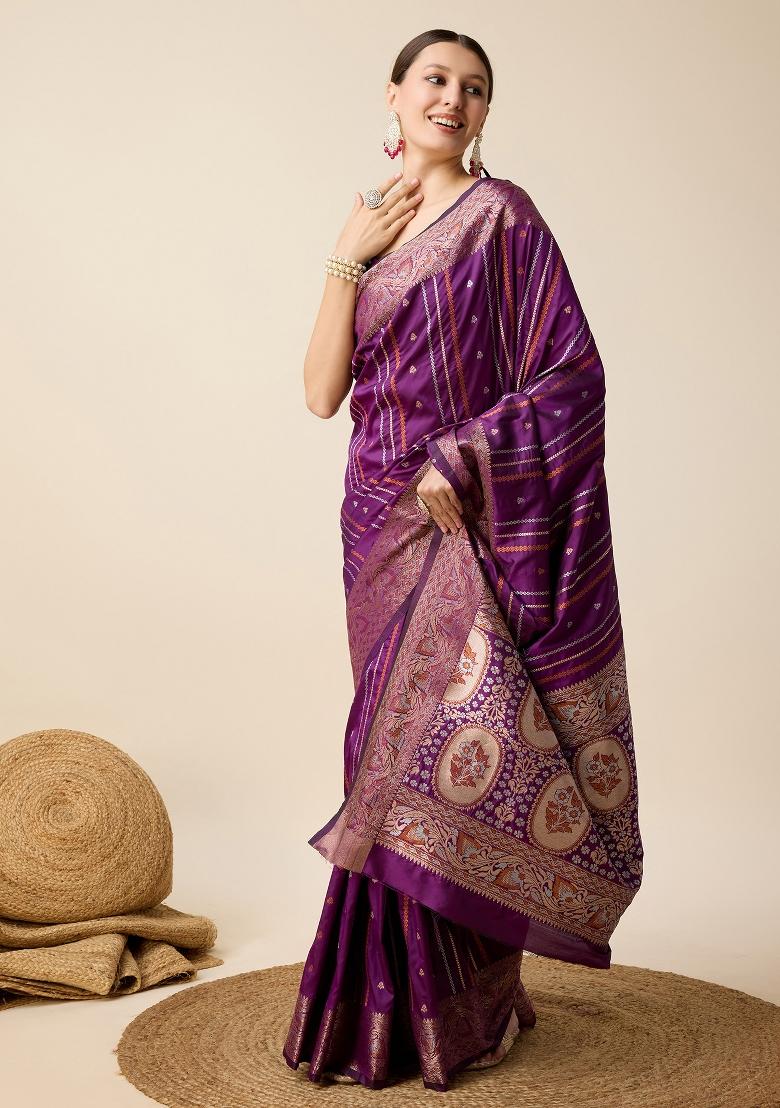 Purple Woven Silk Blend Saree Set - Indya