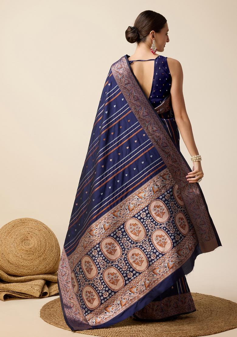 Blue Woven Silk Blend Saree Set - Indya