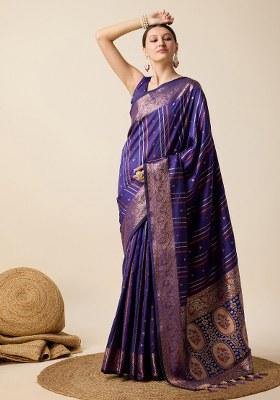 Violet Woven Silk Blend Saree Set