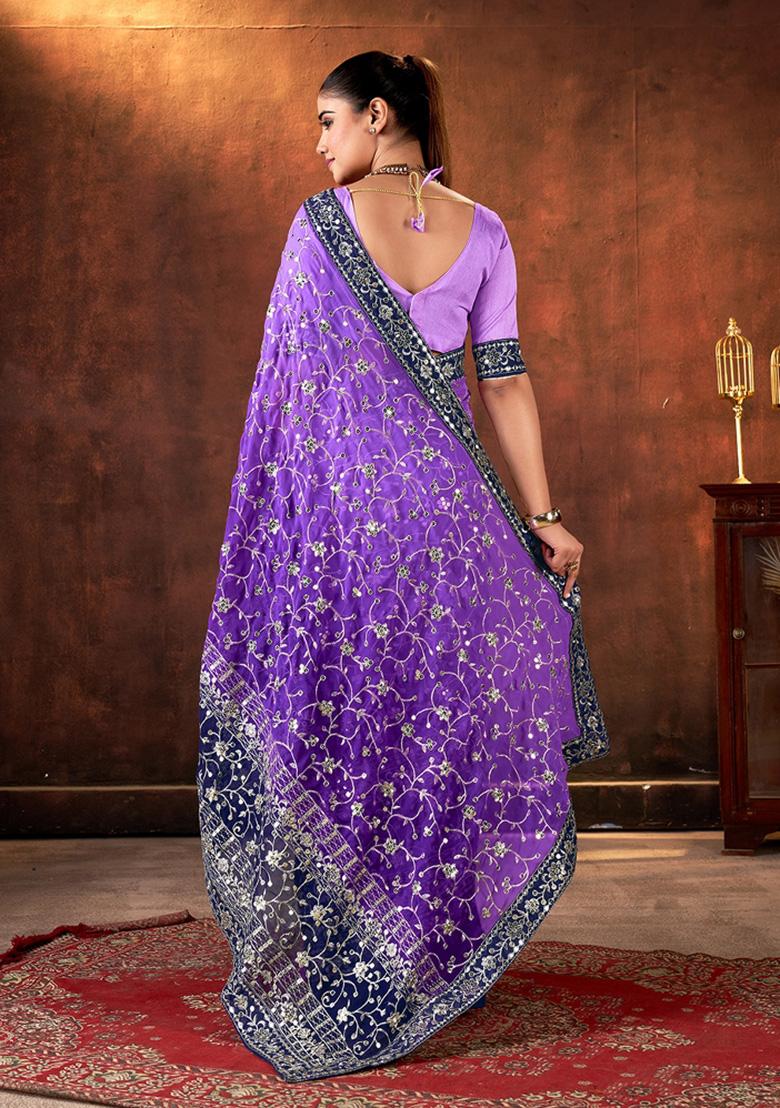 Purple Embroidered Faux Georgette Saree Set - Indya
