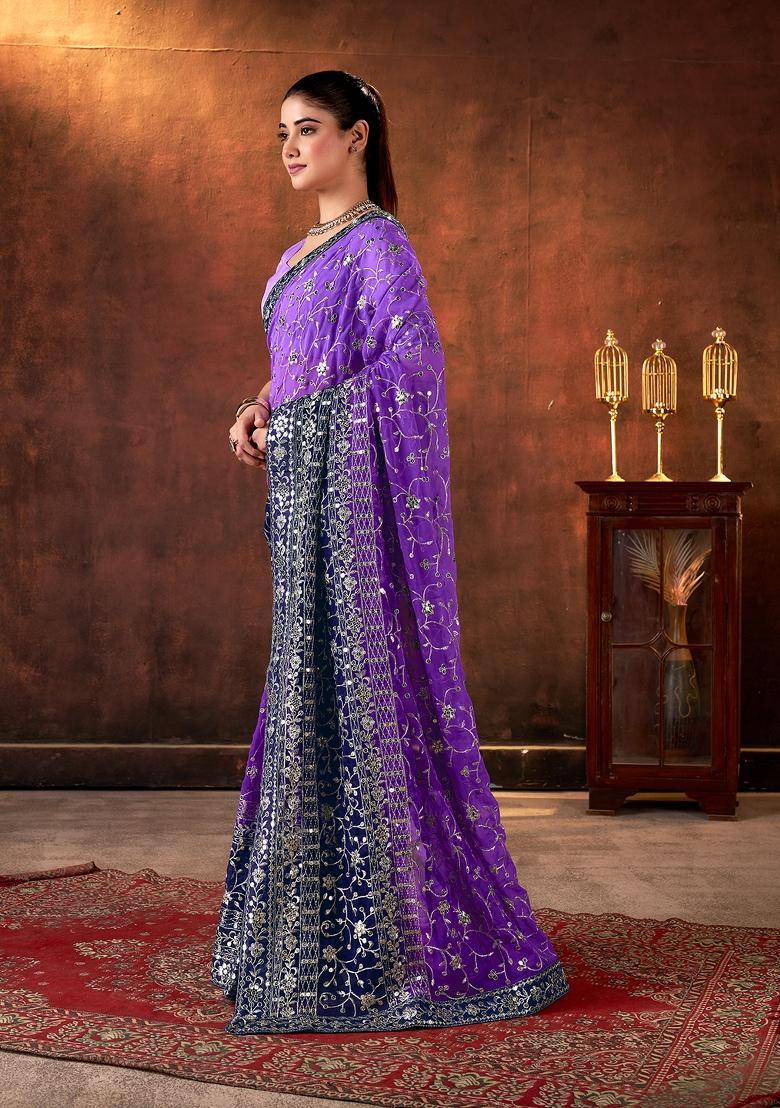 Purple Embroidered Faux Georgette Saree Set - Indya