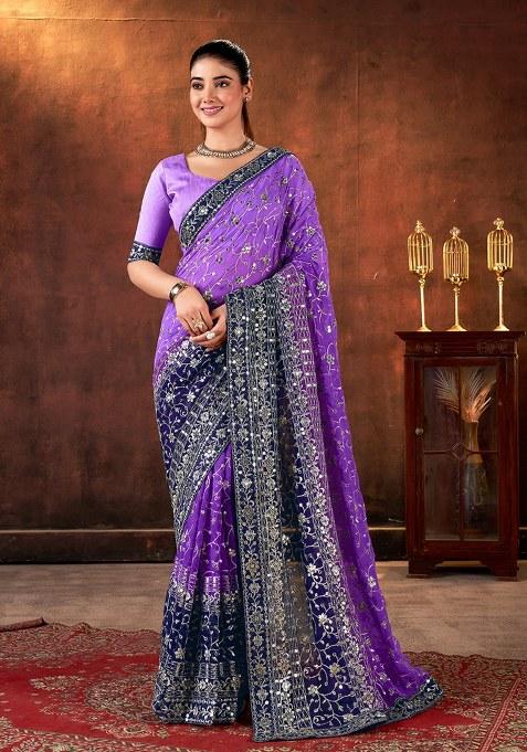 Purple Embroidered Faux Georgette Saree Set