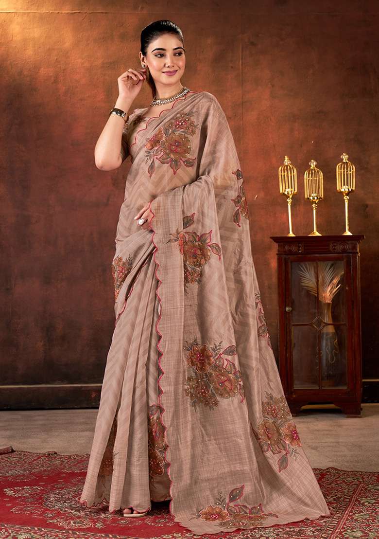 Brown Printed Organza Saree Set for Diwali and Festive Wear - Indya