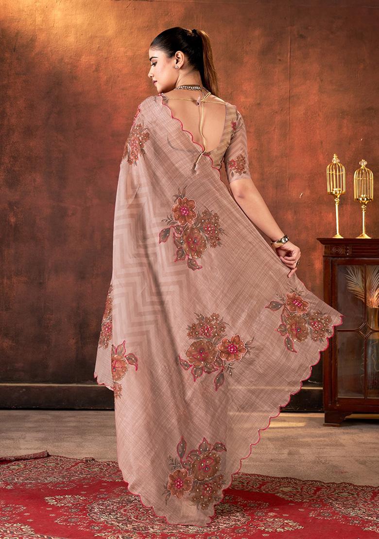 Brown Printed Organza Saree Set - Indya