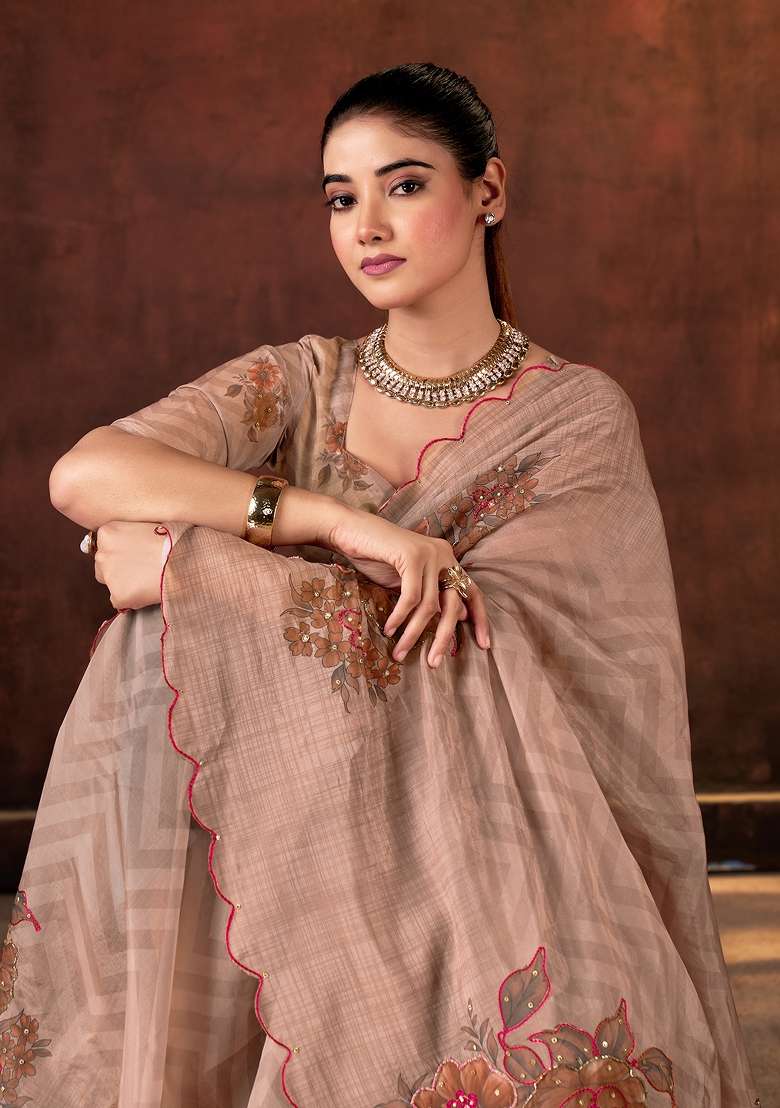 Brown Printed Organza Saree Set for Diwali and Festive Wear - Indya