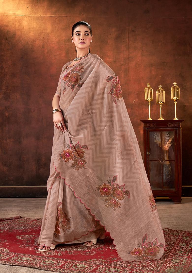 Brown Printed Organza Saree Set - Indya