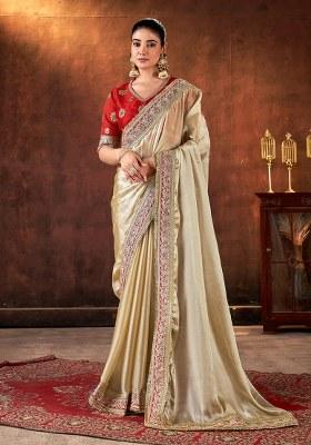 Beige Embroidered Silk Blend Saree Set