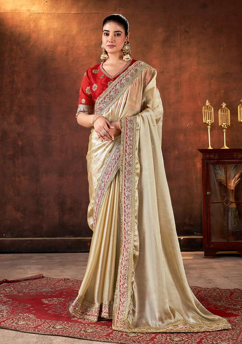 Beige Embroidered Silk Blend Saree Set for Diwali and Festive Wear - Indya