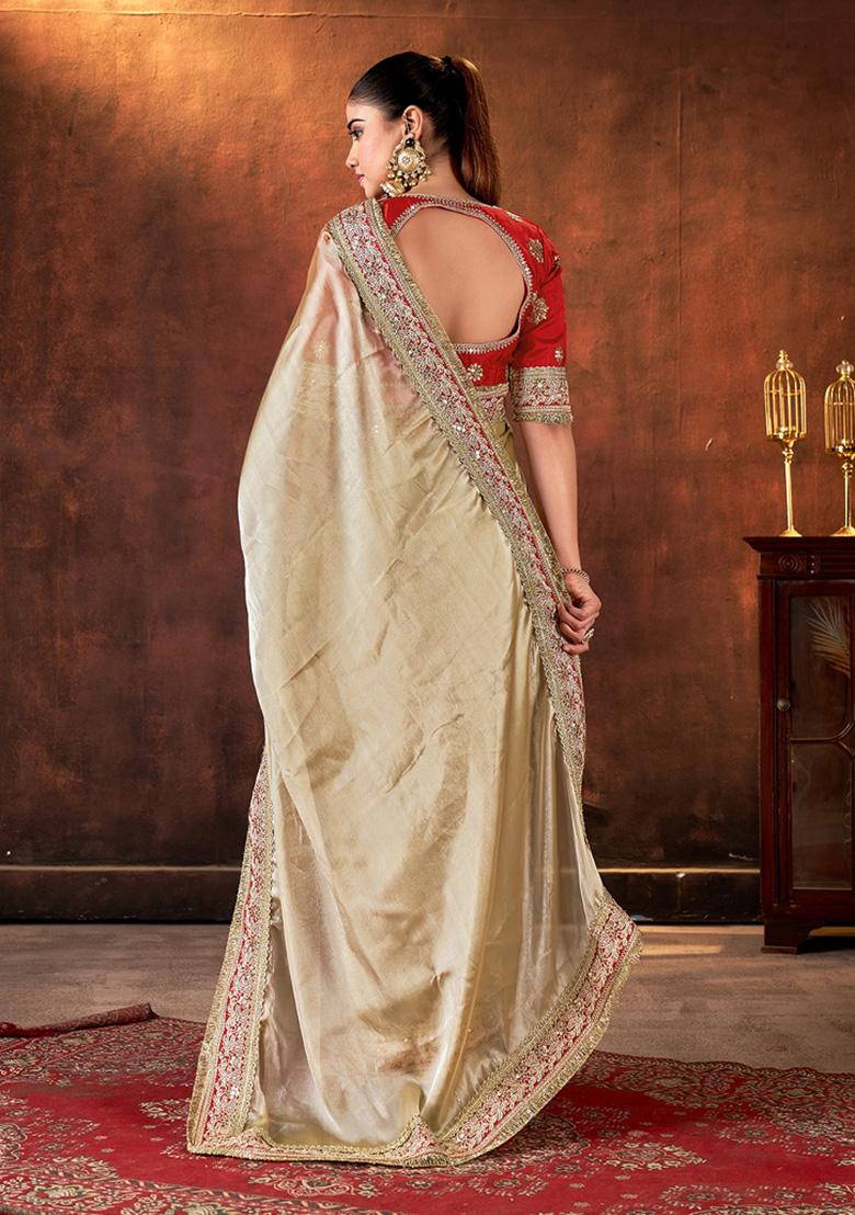 Beige Embroidered Silk Blend Saree Set - Indya