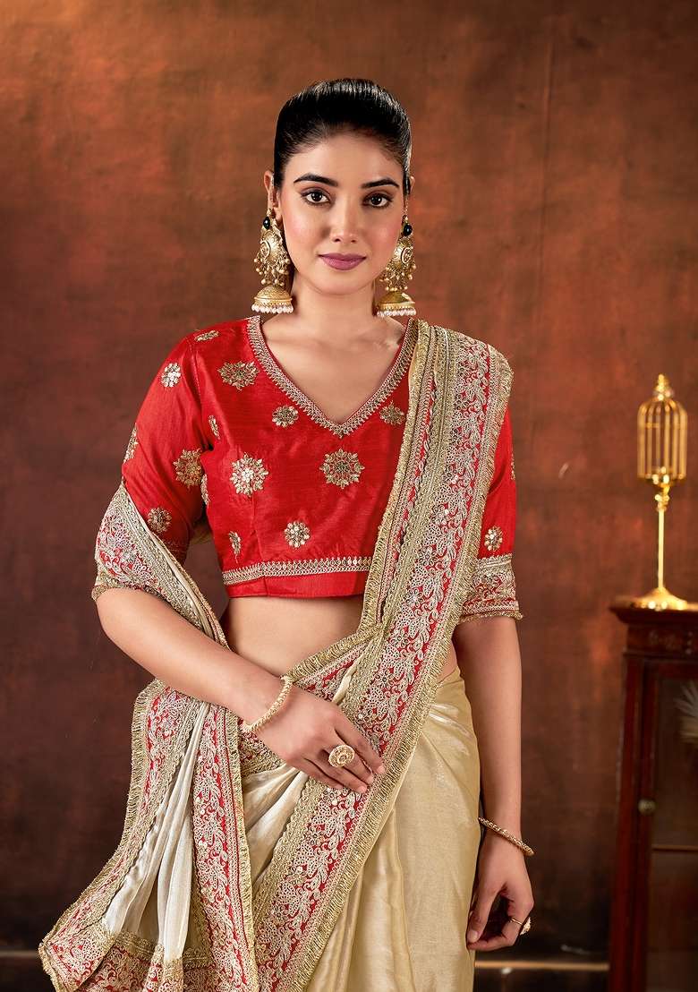 Beige Embroidered Silk Blend Saree Set for Diwali and Festive Wear - Indya