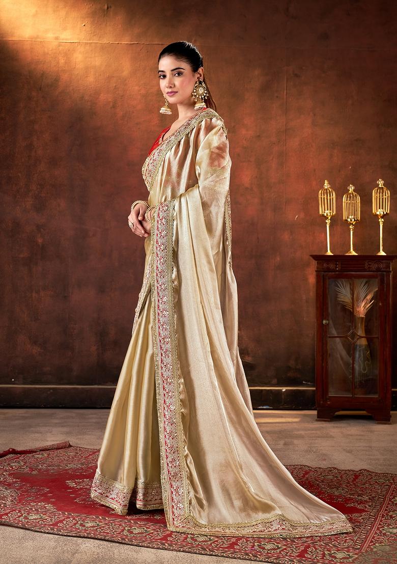 Beige Embroidered Silk Blend Saree Set - Indya