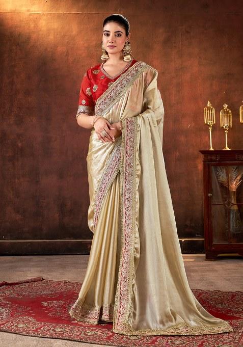 Beige Embroidered Silk Blend Saree Set