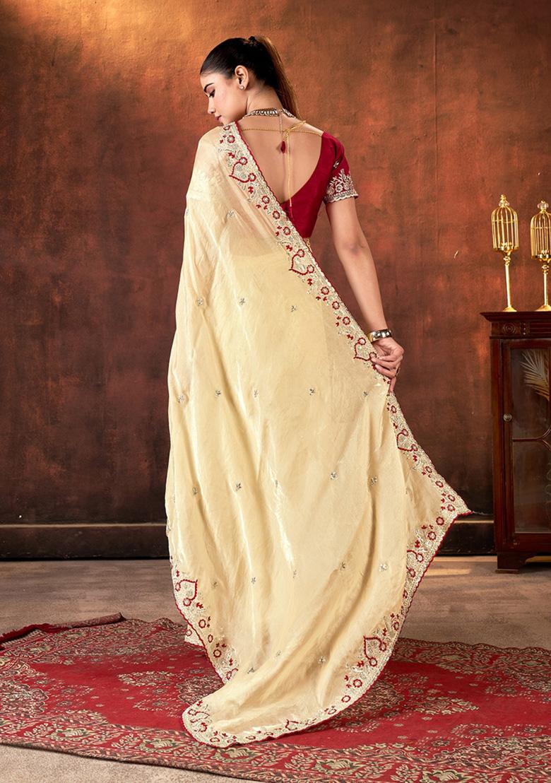 Brown Embroidered Silk Blend Saree Set - Indya