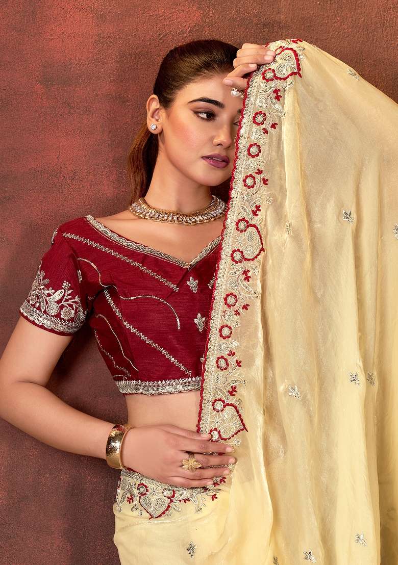 Brown Embroidered Silk Blend Saree Set for Diwali and Festive Wear - Indya