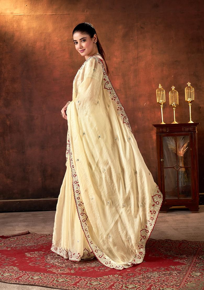 Brown Embroidered Silk Blend Saree Set - Indya