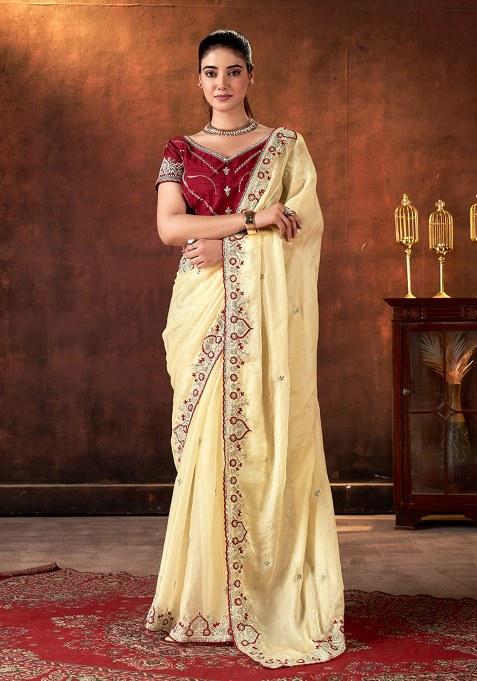 Brown Embroidered Silk Blend Saree Set