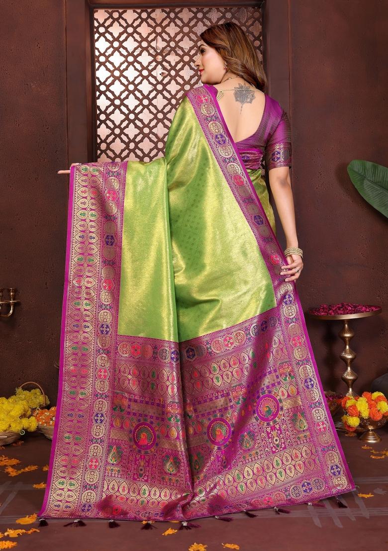 Green Woven Silk Blend Saree Set - Indya