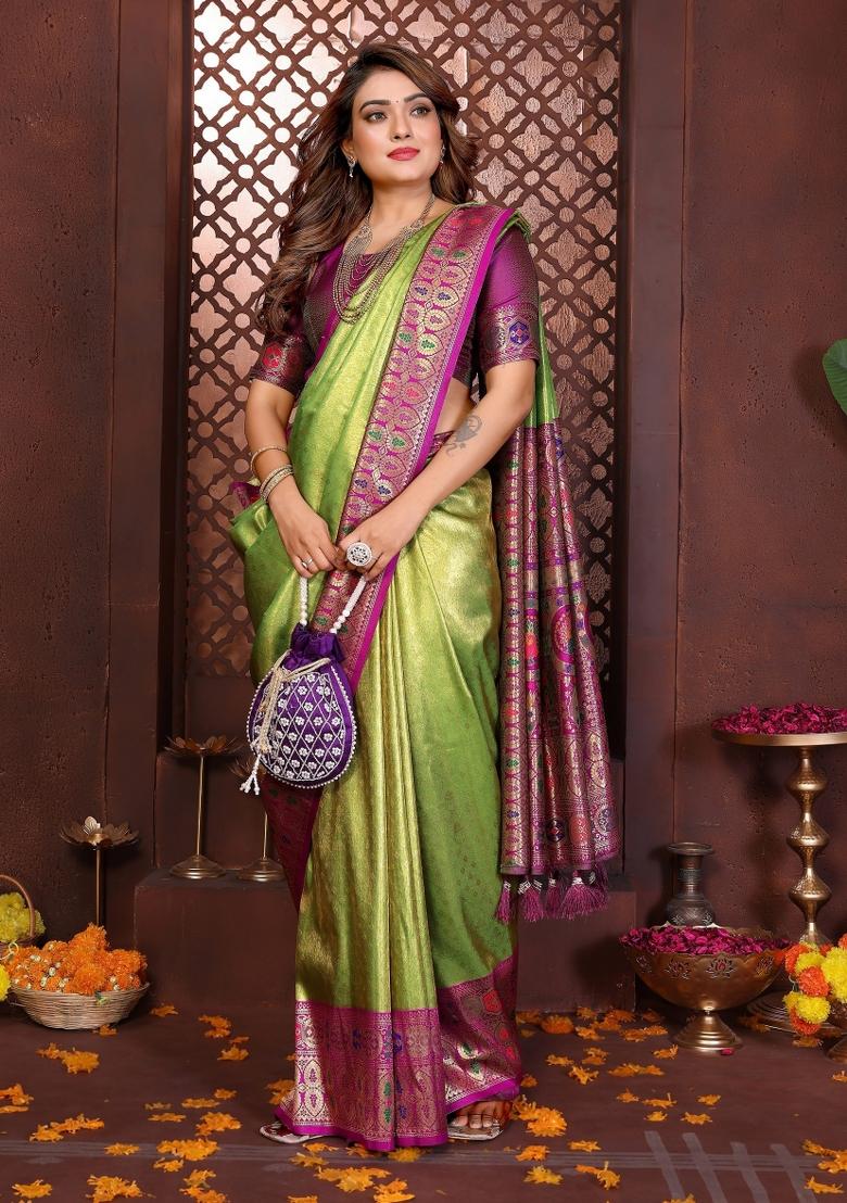Green Woven Silk Blend Saree Set - Indya