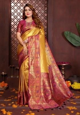 Mustard Woven Silk Blend Saree Set