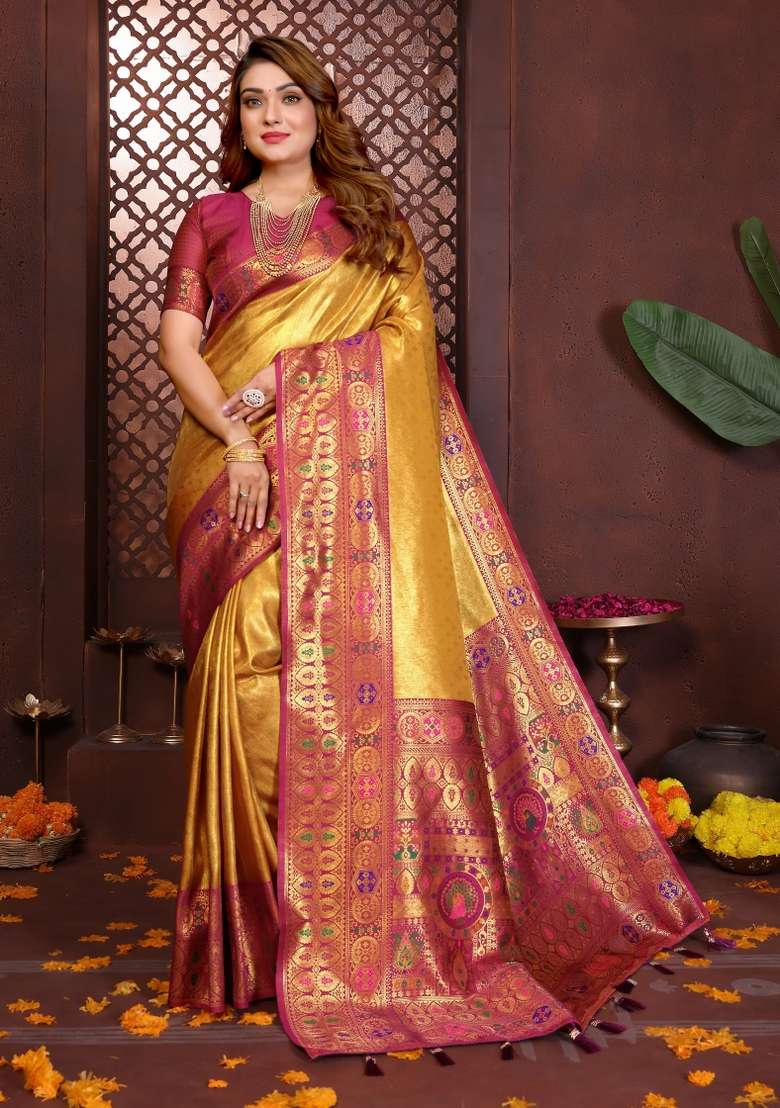 Mustard Woven Silk Blend Saree Set for Diwali and Festive Wear - Indya