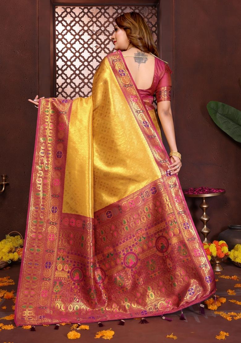 Mustard Woven Silk Blend Saree Set - Indya