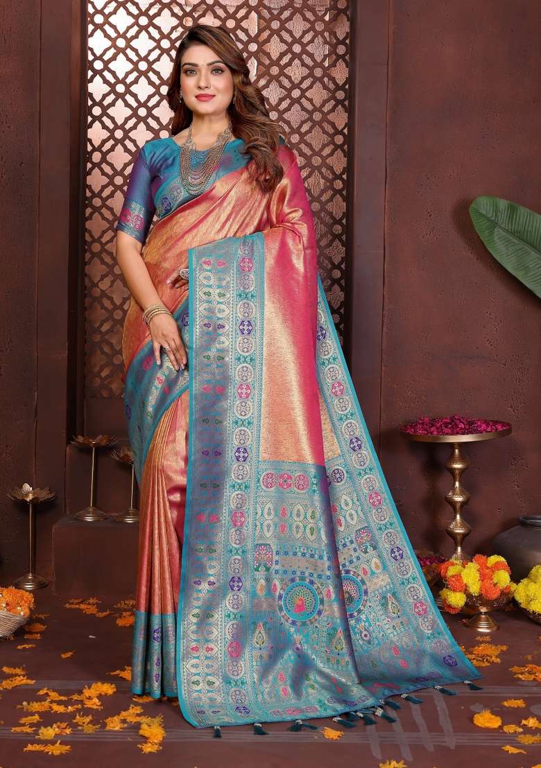Pink Woven Silk Blend Saree Set for Diwali | Wedding & Festive Wear - Indya