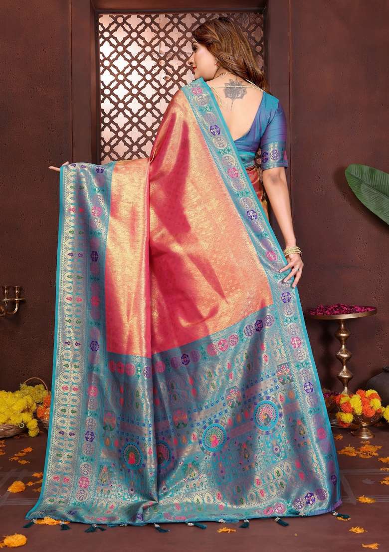 Pink Woven Silk Blend Saree Set for Diwali | Wedding & Festive Wear - Indya