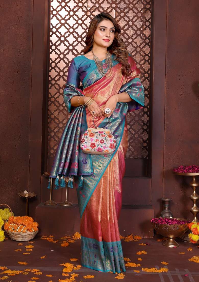 Pink Woven Silk Blend Saree Set for Diwali | Wedding & Festive Wear - Indya