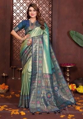 Sea Green Woven Silk Blend Saree Set